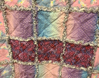 Unicorn Rag Quilt, Pink & Purple Cotton Flannel, Toddler Blanket
