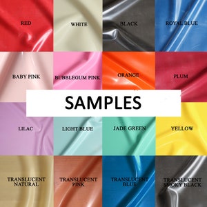 May include: A colour chart of 16 different latex colours, including red, white, black, royal blue, baby pink, bubblegum pink, orange, plum, lilac, light blue, jade green, yellow, translucent natural, translucent pink, translucent blue, and translucent smoky black. The chart is labelled "SAMPLES".