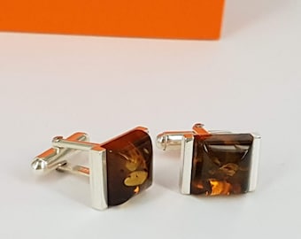 Elegant Rectangular Cufflinks for Men - Natural Baltic Amber - Silver 925 - No pressed