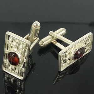 Elegant Rectangular Cufflinks for Men - Natural Baltic Amber - Silver 925 - No pressed
