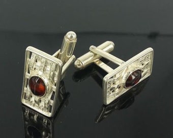 Elegant Rectangular Cufflinks for Men - Natural Baltic Amber - Silver 925 - No pressed