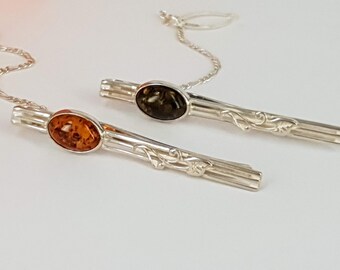 Elegant Tie Clips for Men - Natural Baltic Amber - Silver 925 - No pressed