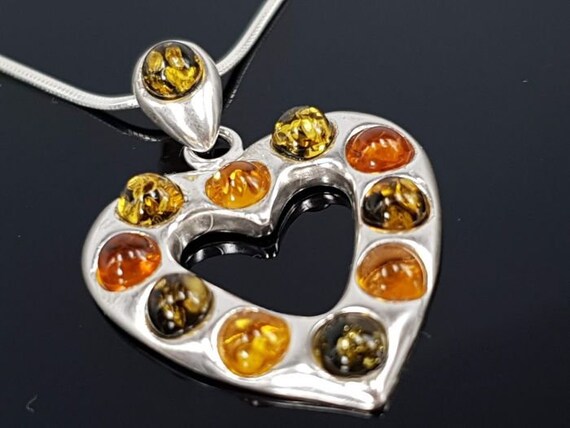 Pendentif Cœur En Ambre Baltique – Argent Sterling 925, Avec Chaîne, Neuf Avec étiquettes