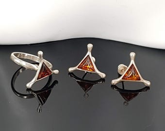 Ring Ø 18.5 mm Earrings Set Natural Baltic Amber Sterling Silver