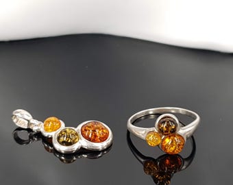 Set Ring Diameter 17.5 mm Pendant Natural Baltic Amber Sterling Silver