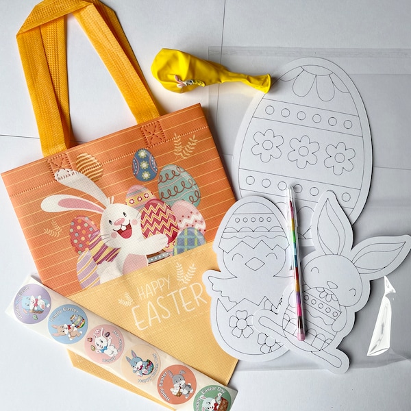 Easter hunt bag with colouring set, stickers and balloon, Easter gift for kids, Goody bag, Easter egg hunt