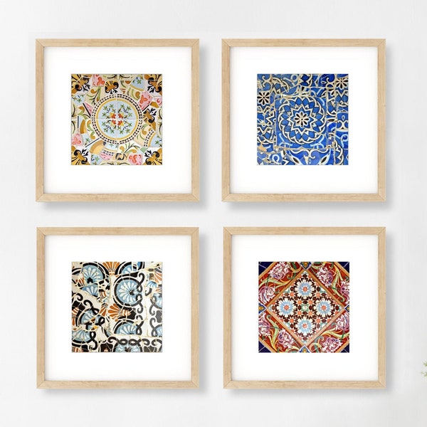 Spanish Tiles, Kitchen Wall Art, Bathroom Decor, Gallery Wall Print Set, Set of 4 Prints, Square Prints, Colorful Patterns, Tile Wall Art