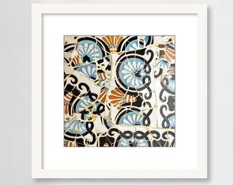 Spanish Tile Wall Art, Floral Gaudi Mosaic, Barcelona Spain, Photography Print