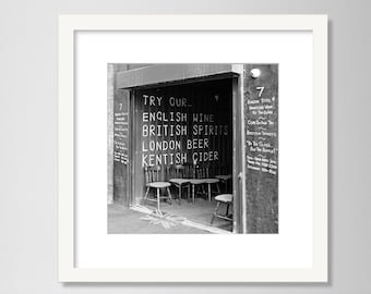 Pub Kitchen Decor Wall Art, Black and White Photography, Borough Market, London Pub, English Wine and Spirits