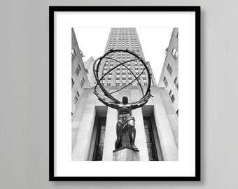 Atlas Statue, New York City Wall Art, Black and White Photography, 30 Rock, Rockefeller Center, New York Print, NYC