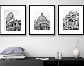 Set of 3 Prints Rome Italy, Trevi Fountain, Colosseum, Vatican, Europe Photography, Gallery Wall Art, Travel Decor, Black and White or Color