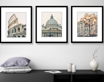 Rome Italy, Set of 3 Prints, Trevi Fountain, Colosseum, Vatican, Europe Photography, Wall Art, Travel Decor, Black and White or Color