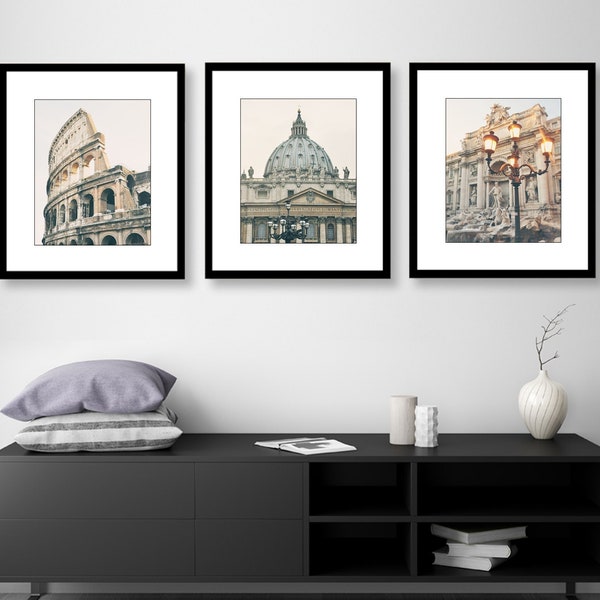 Rome Italy, Set of 3 Prints, Trevi Fountain, Colosseum, Vatican, Europe Photography, Wall Art, Travel Decor, Black and White or Color