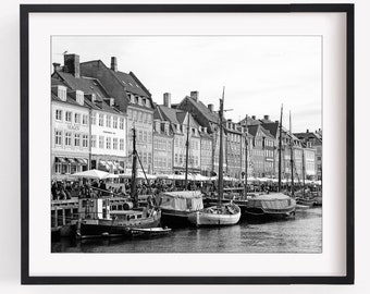 Copenhagen Print, Black and White Photography, Nyhavn Houses Boats and Waterfront, Copenhagen Denmark, Travel Decor Wall Art