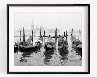 Venice Italy Black and White Photography, Gondola Boats, Travel Decor, Horizontal Wall Art Print