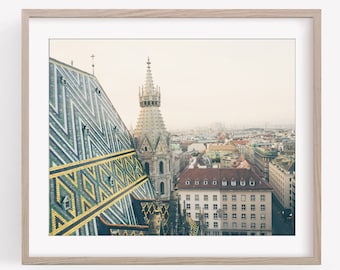 Vienna Austria Photography Print, Vienna Skyline, St Stephens Cathedral, Travel Decor, Black and White Wall Art, Europe Architecture