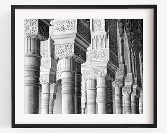 Alhambra Black and White Photography Print, Granada Spain, Travel Decor Wall Art, Alhambra Columns