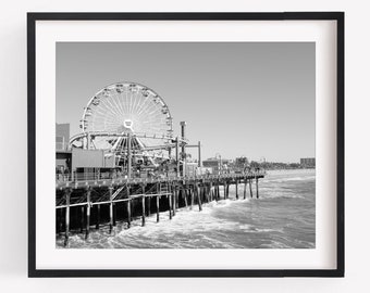 Santa Monica Pier, Black and White Photography, LA Beach, Ferris Wheel Boardwalk, Los Angeles Wall Art, Horizontal or Square Print