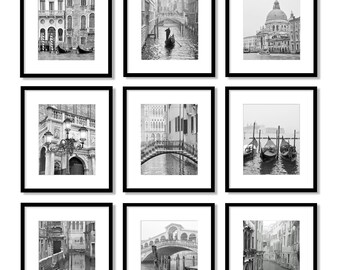 Venice Italy Black and White Photography Gallery Wall, Europe Travel Decor, Set of 9 Prints, Vertical Wall Art, 5x7" 8x10" 11x14"