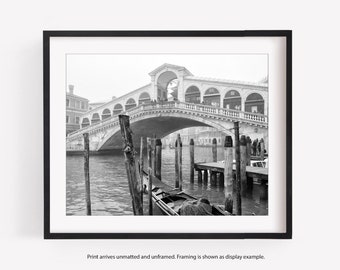 Venice Print, Rialto Bridge, Italy Black and White Photography, Europe Travel Decor, Horizontal or Square Wall Art