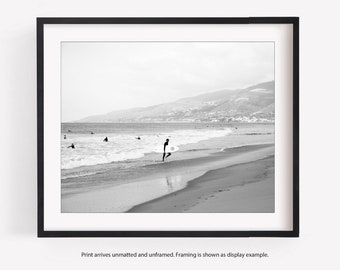 Black and White Beach Photography, Malibu Surfer, Zuma Beach, Los Angeles, California, Horizontal or Square Wall Art Print