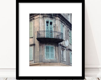 New Orleans Balcony Wall Art, Black and White Photography, Rustic Decor, Sage Green