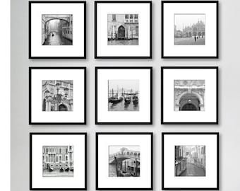 Black and White Photography, Set of 9 Prints, Venice Italy Gallery Wall Art, Travel Decor, 5x5, 8x8, 10x10, 12x12