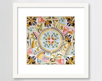 Spanish Tile Wall Art, Floral Mosaic, Gaudi Barcelona Spain, Photography Print