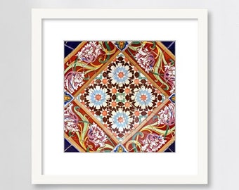 Spanish Tile Wall Art, Floral Mosaic Tile, Barcelona Spain, Photography Print