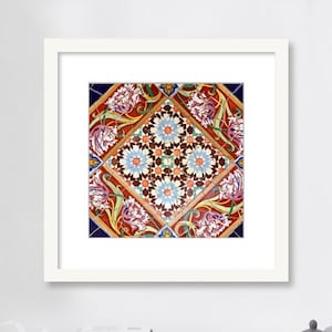 Spanish Tile Wall Art, Floral Mosaic Tile, Barcelona Spain, Photography Print