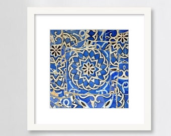 Spanish Tile Wall Art, Floral Gaudi Mosaic Tile, Barcelona Spain, Photography Print