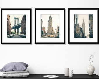 New York Wall Art Print Set, Set of 3 Prints, Black and White Photography, NYC, New York City, Manhattan Bridge, Flatiron, Chrysler Building