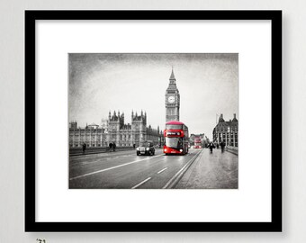 London Print, Red Bus, Big Ben, Black Taxi Cab, London Photography, Travel Decor, London Wall Art, Black and White, Red, Westminster Bridge