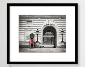 London Palace Guard, Black and White Photography, Buckingham Palace, Queen's Guard, Red, Travel Decor, British Decor, London Wall Art