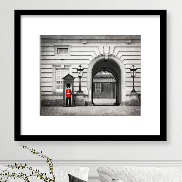 London Palace Guard, Black and White Photography, Buckingham Palace, Queen's Guard, Red, Travel Decor, British Decor, London Wall Art