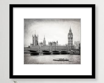 London Photography, Black and White, Big Ben, Parliament, Westminster, Fine Art Print, Travel Photo, London Decor, Wall Art, Home Decor
