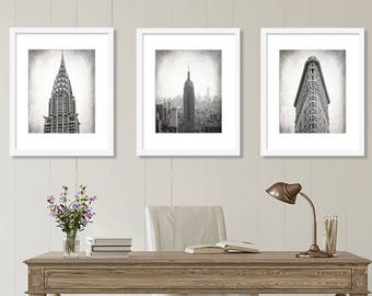 New York Prints, Black and White Photography, Set of 3 Prints, NYC, Chrysler Building, Empire State, Flatiron, Architecture, Wall Art Set