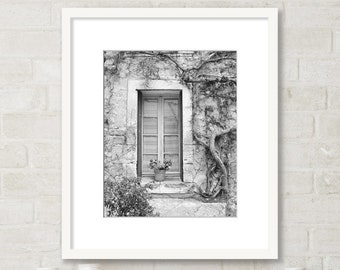 Black and White Photography, French Country Decor, Europe Print, France Wall Art, Modern Farmhouse Decor, Provence Window with Vines