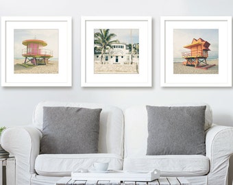 Beach Decor, Miami Florida Wall Art, Lifeguard Stands, South Beach, Set of 3 Prints, Photography, Horizontal or, Square Prints