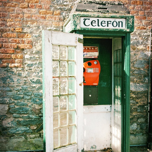 Ireland Photography, Green Phone Box, Telefon Box, Irish Telephone, vintage, Ireland Print, Irish Decor, Travel Photo, brick red, Wall Art