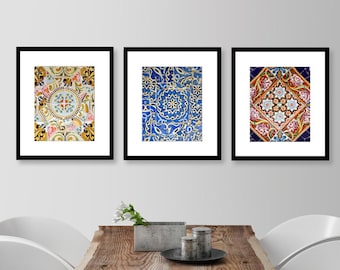 Spanish Tile Print, Set of 3 Prints, Kitchen Decor, Bathroom Decor, Spanish Tile Wall Art, Colorful Pattern, Print Set, Barcelona, Spain