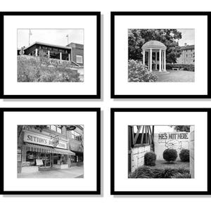 May include: A black and white photo collage of four framed images. The top left image shows a building with the text "A Top of the Hill" above the entrance. The top right image shows a white gazebo with a black roof. The bottom left image shows a storefront with the text "Sutton's Drug Store". The bottom right image shows a brick wall with the text "He's Not Here" painted on it.