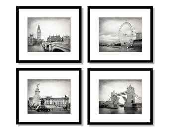 London Prints, Black and White Photography, Set of 4 Prints, Gallery Wall Art, Big Ben, Tower Bridge, The Eye, Taxi, Palace, Travel Decor