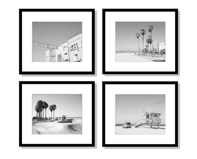 Venice Beach, Beach Decor, Venice Beach Sign, California Prints, Los Angeles Wall Art, Set of 4 Prints, Palm Trees, Venice Skate Park Black & White