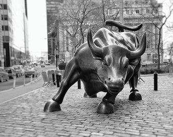 Wall Street Bull, New York Bull Statue, Charging Bull, Black and White Photography, New York City Wall Art, NYC, Office Decor, Stock Market