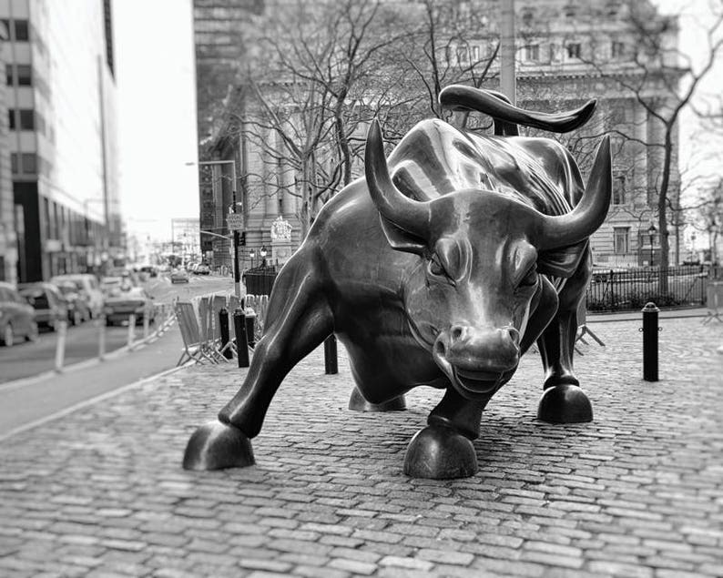 Wall Street Bull, New York Bull Statue, Charging Bull, Black and White Photography, New York City Wall Art, NYC, Office Decor, Stock Market image 1