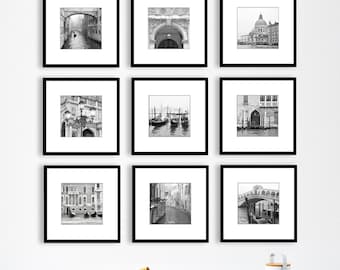 Black and White Photography, Set of 9 Prints, Venice Italy Gallery Wall Art, Travel Decor, 5x5, 8x8, 10x10, 12x12