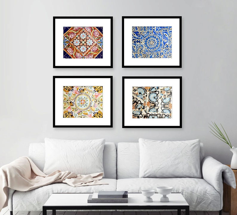 Spanish Tiles Print Set, Bathroom Decor Wall Art, Barcelona, Spain, Set of 4 prints image 3