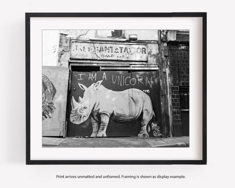 London Street Art Photography Print, Black and White Photo, Graffiti, Urban Wall Art, I am a Unicorn, Rhino Print image 7