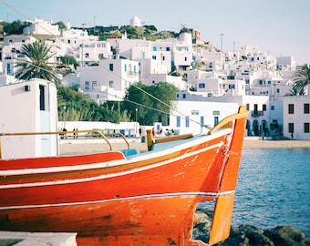 Greece Photography, Greek Islands, Mykonos, Colorful Boat, Mediterranean Sea, Summer, Travel Photo, Art Print, Aqua, Blue, Orange, Wall Art